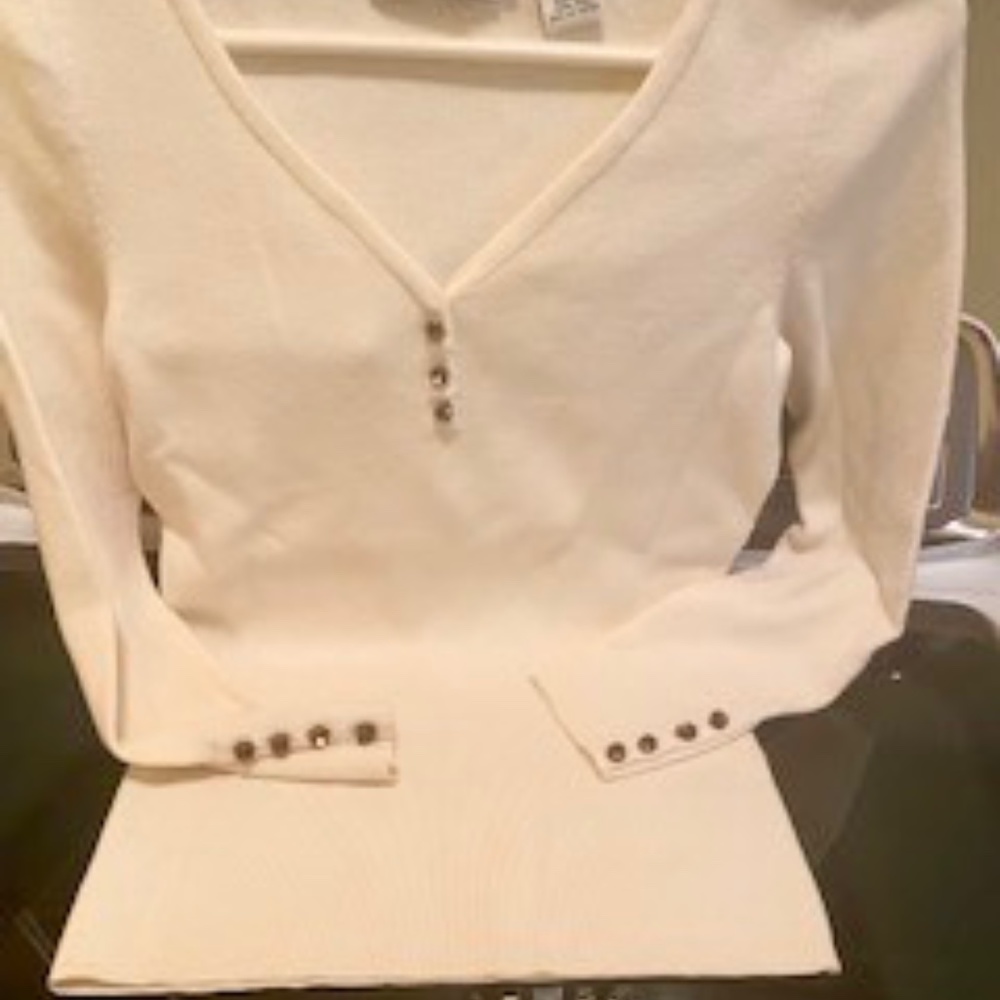 Creme Colored tight knit sweater with Rhinestone Buttons